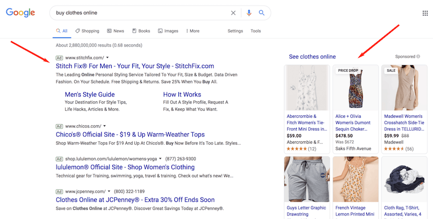 搜索“在线购买衣服”的PPC广告