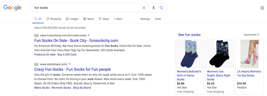 在谷歌搜索中搜索袜子的PPC广告