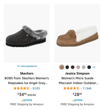 两个在亚马逊上出售的拖鞋，一只灰色的，一只棕色的