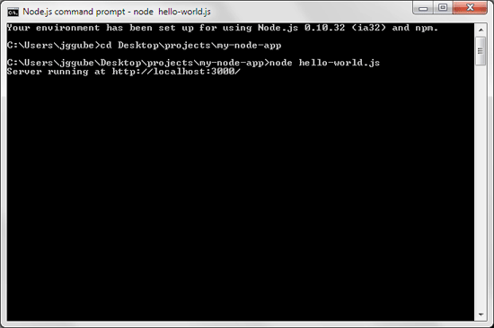 Node.js命令提示符，指示服务器正在运行。