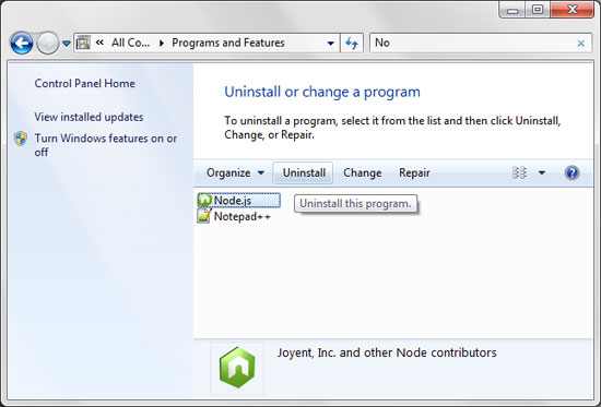 从Windows 7卸载Node.js。
