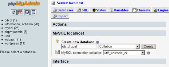 为Drupal创建MySQL数据库