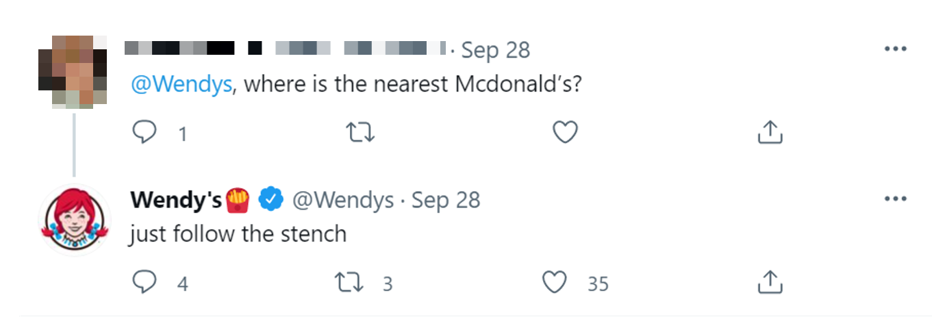 温蒂的推文“关注恶臭”，一个关注者问麦当劳在哪里