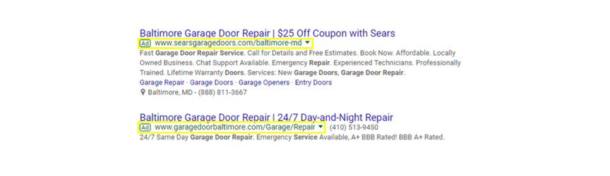 An example of PPC ads for the keyword garage door repair in baltimore