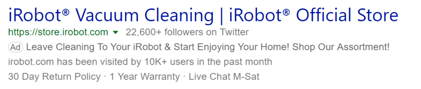 An example of a Bing text ad for iRobot