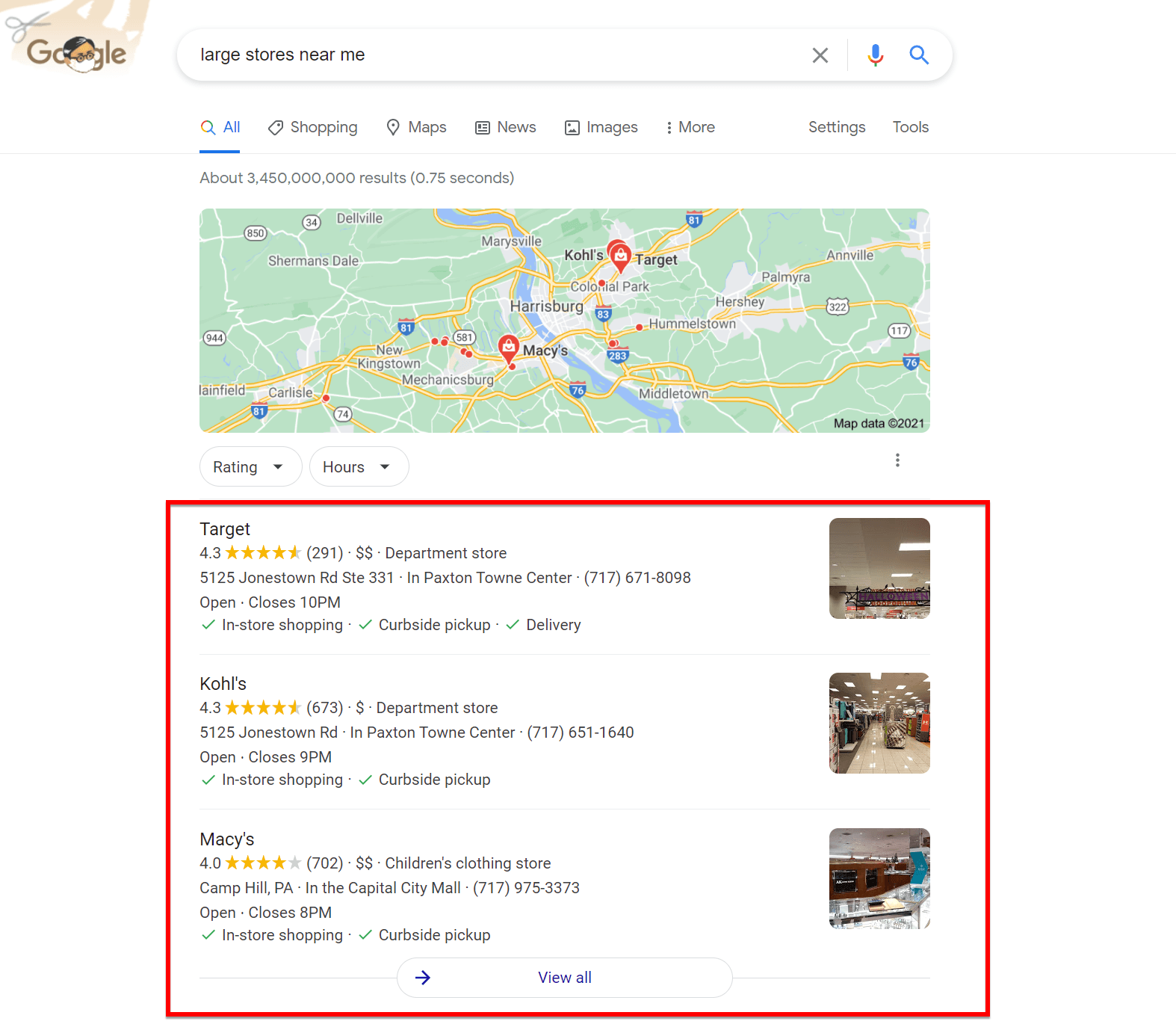 Google My Business results for a 
