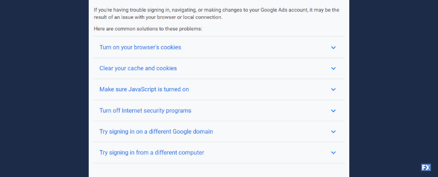 A list of browser fixes for Google Ads login errors