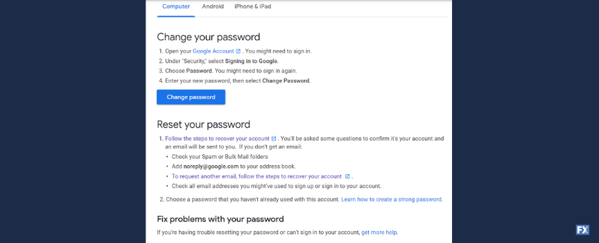 A screenshot of Google recommendations for fixing password login error in Google Ads