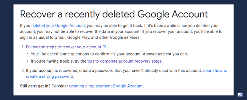 Google recommendations for recovering deleted account and resolving login error