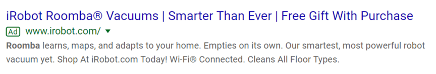 An example of a Google text ad for iRobot