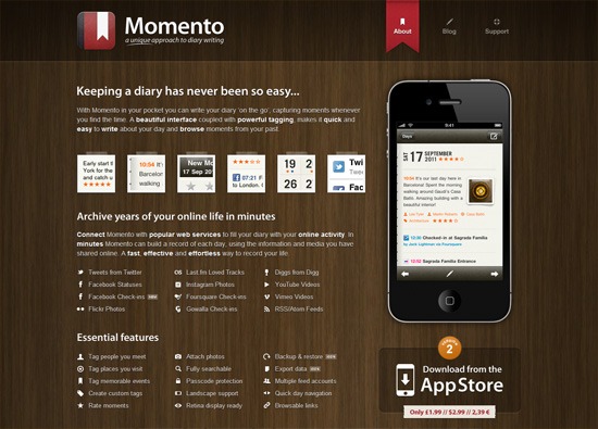 iOS应用网站设计:Momento”width=
