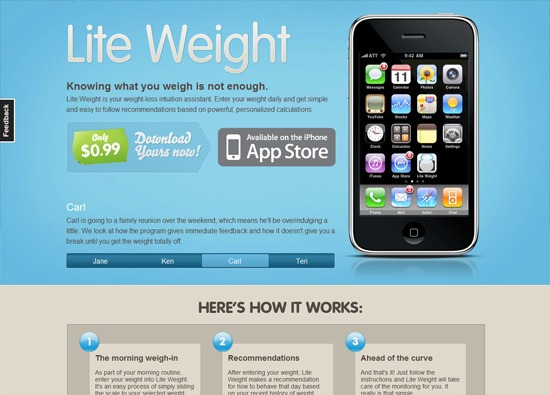 iOS应用网站设计:Lite Weight iPhone应用”width=