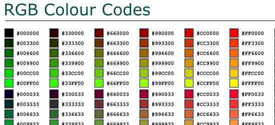RGB十六进制彩色图表-屏幕截图。