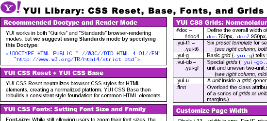 YUI库:CSS重置，基础，字体和网格-屏幕截图。