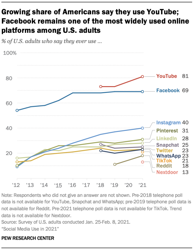皮尤研究中心的图表显示81%的美国成年人使用YouTube