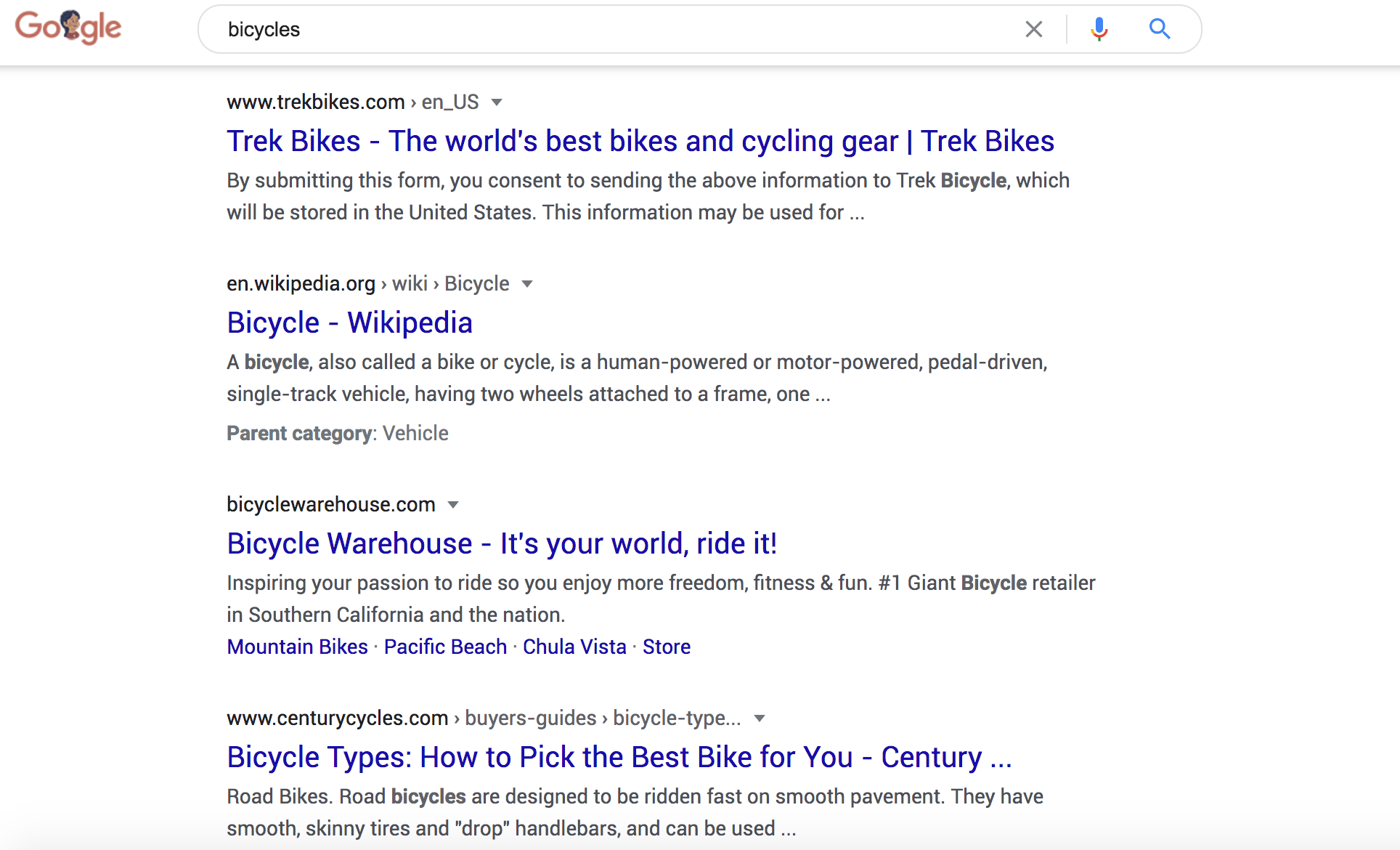 谷歌搜索关键词“自行车”的结果