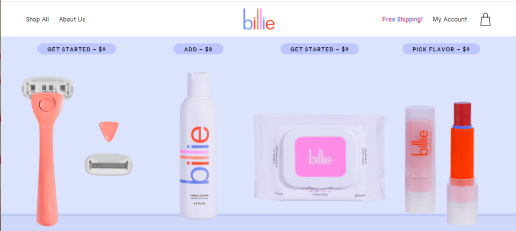 比莉的网站主打剃须刀、湿巾和剃须膏等产品