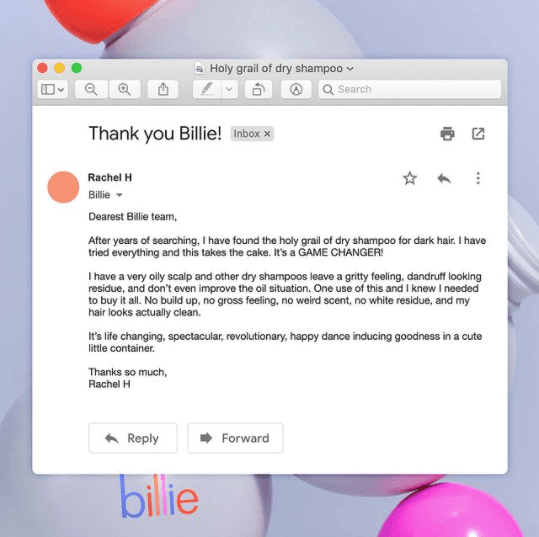 Billie在社交媒体上分享的电子邮件证明