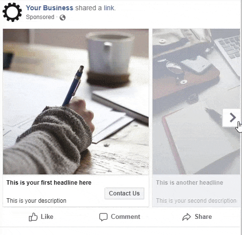 一个脸书旋转木马广告模型，一个人在写字，一台笔记本电脑和笔记本电脑，还有一堆彩色铅笔。