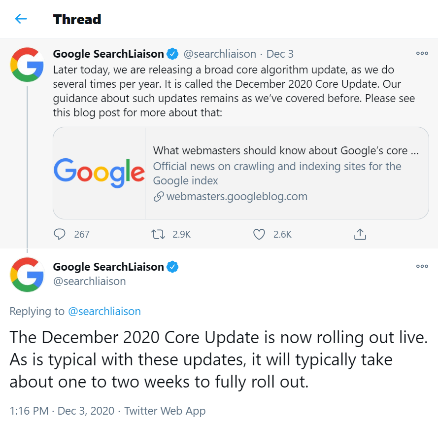 谷歌在推特上宣布2020年12月的核心更新