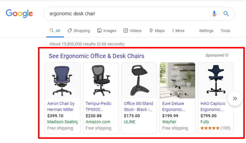 谷歌人体工学桌椅的购物广告