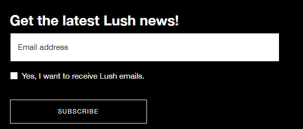 Lush化妆品电子邮件注册酒吧在他们的网站