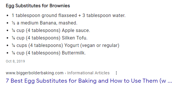 Bulleted list of egg substitutes for brownies.