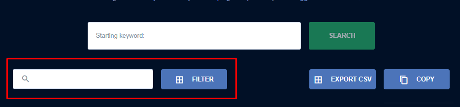 Filter button on keyword research tool