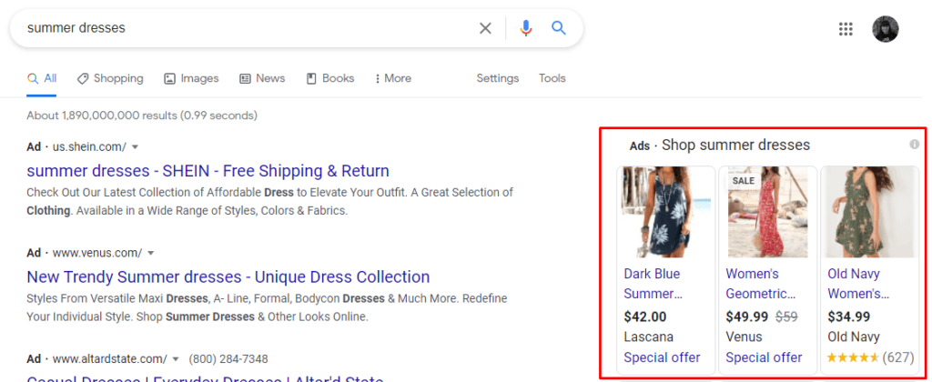 谷歌广告出现在搜索查询的右侧