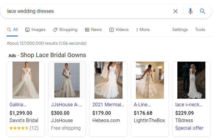 新娘礼服搜索结果顶部的购物广告