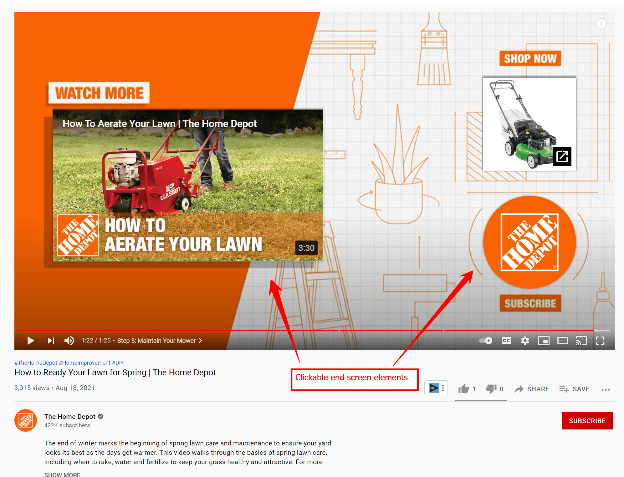 橙色和白色的YouTube结束屏幕为家得宝关于割草机的视频