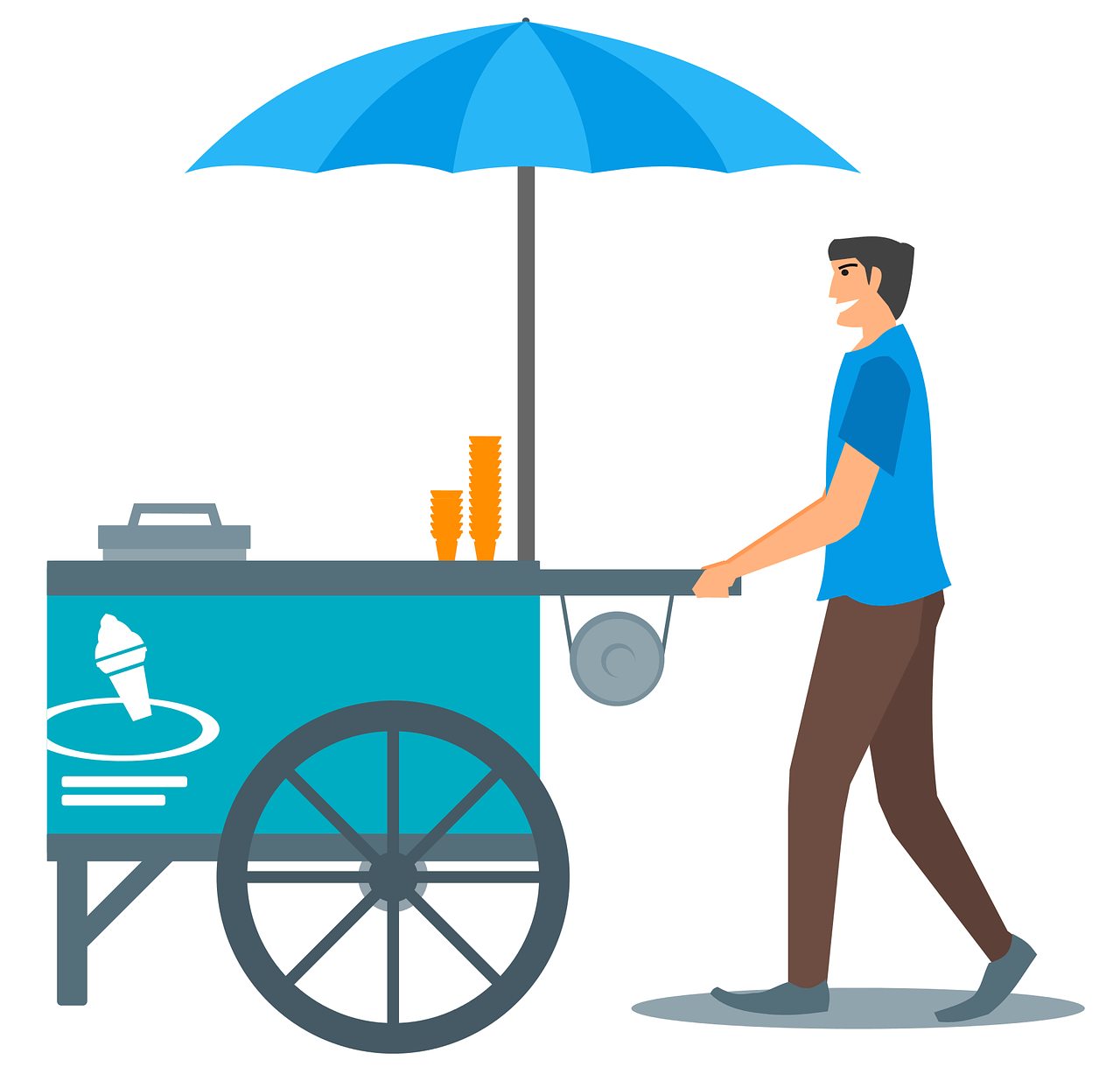 一名男子推着一辆蓝色的冰淇淋车，车上有一把蓝色的大伞