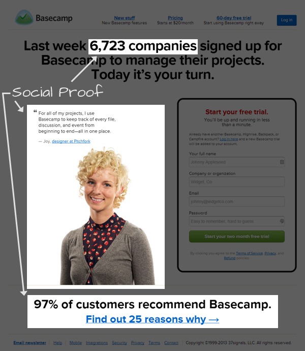 Basecamp登陆页面上的社会证明例子。