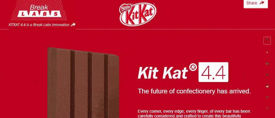奇巧(KitKat)的单页产品布局，上面有关于这种糖果的信息