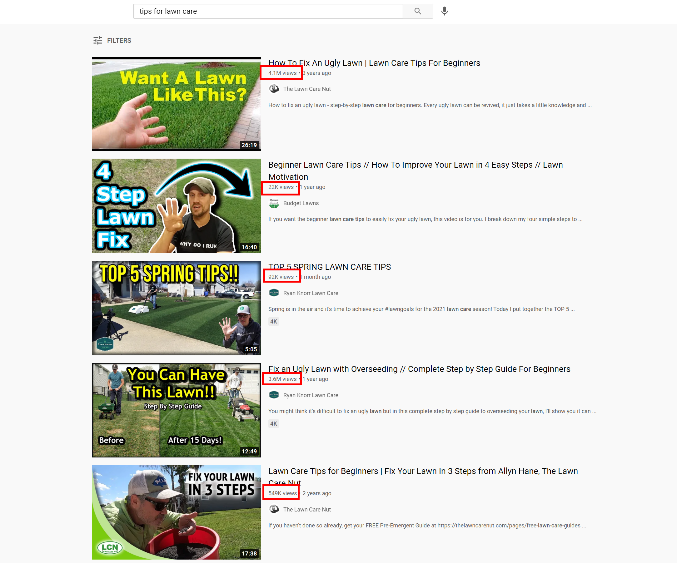 在YouTube上搜索草坪护理技巧