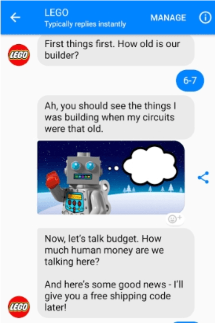 乐高的聊天机器人讨论例子。