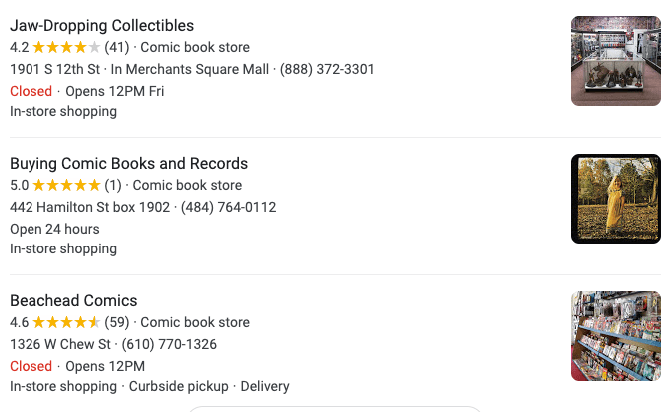 谷歌我的业务清单为当地漫画书店