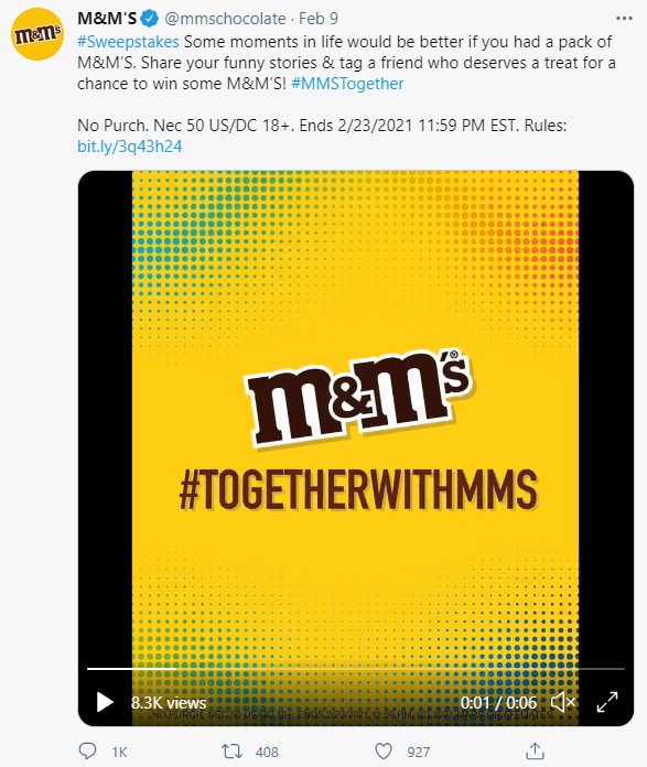从M&M's在推特上发布关于抽奖的消息