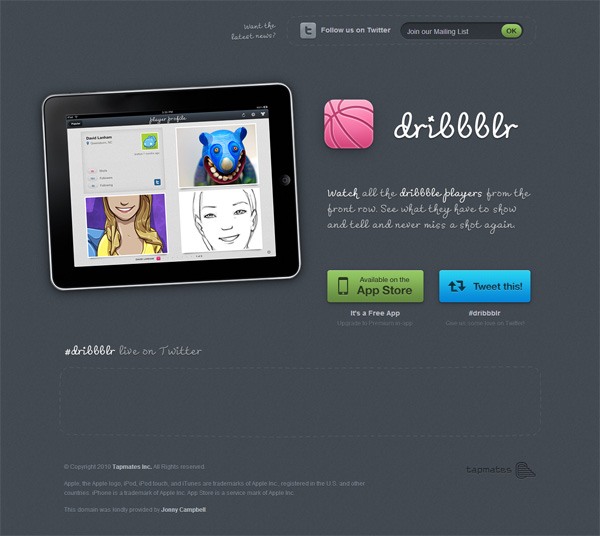 移动应用程序网站设计的例子:dribbblr