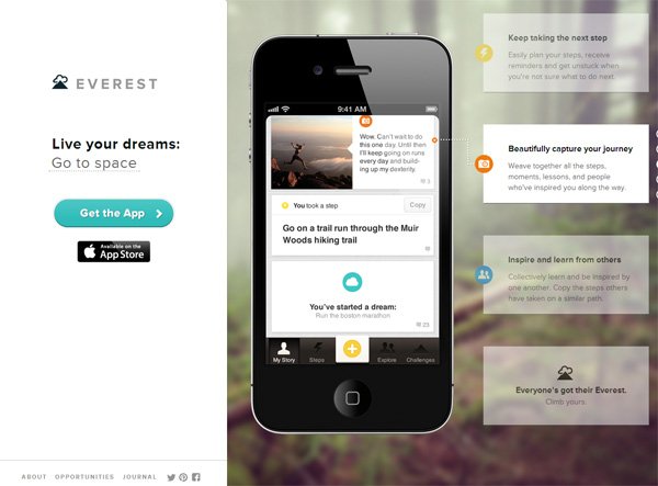 移动应用程序网站设计的例子:Everest