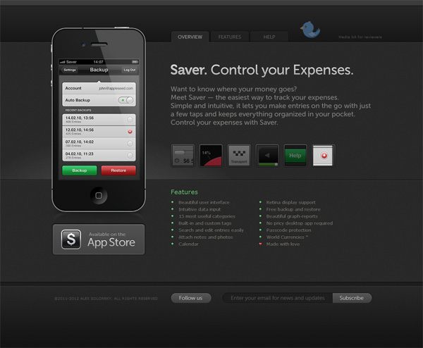 移动应用程序网站设计的例子:Saver