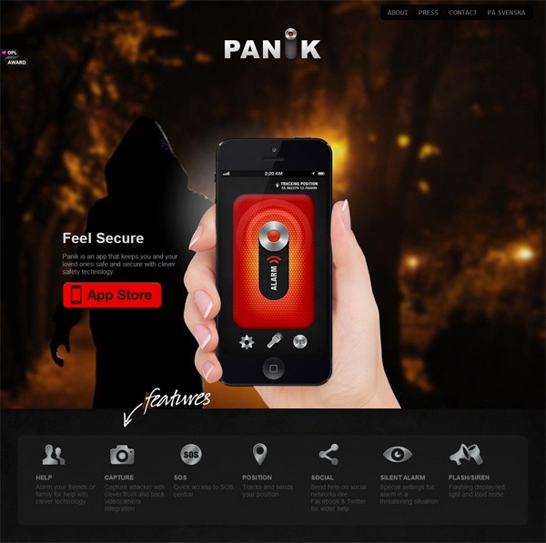 移动应用程序网站设计的例子:Panik