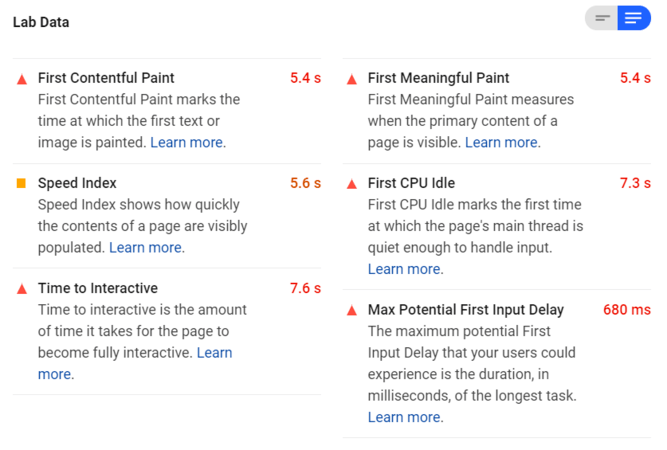 PageSpeed Insights test results detailed view