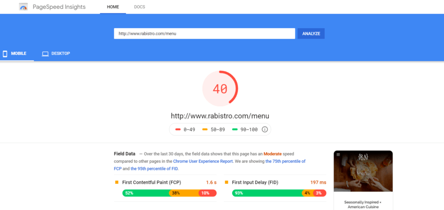 PageSpeed Insights test results example