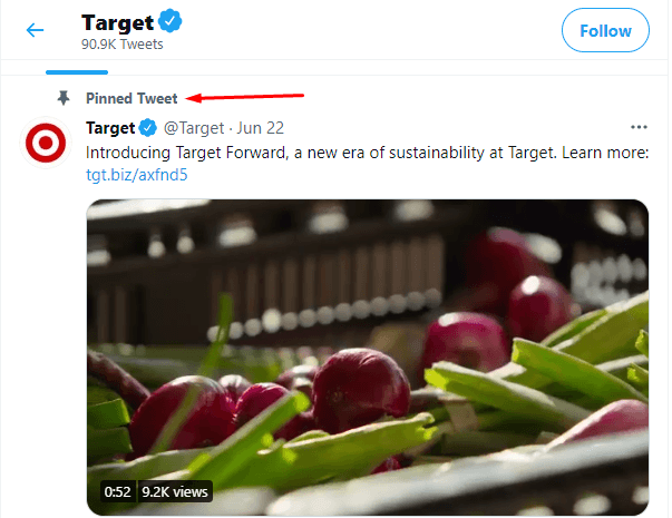 推文被钉在Target社交媒体页面的顶部