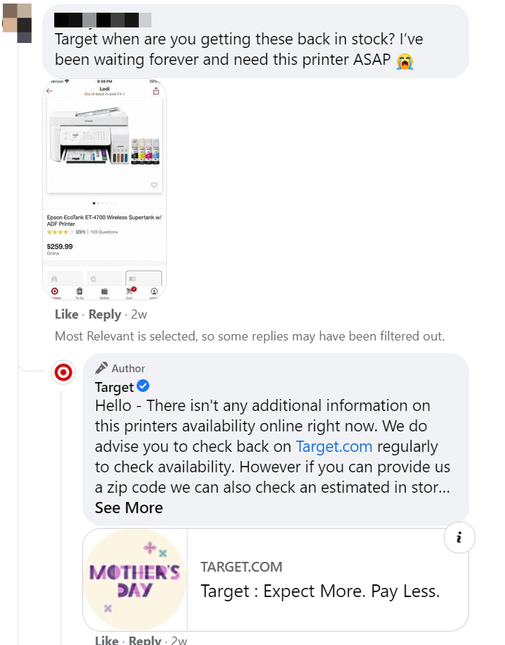Target回应了Facebook上的评论