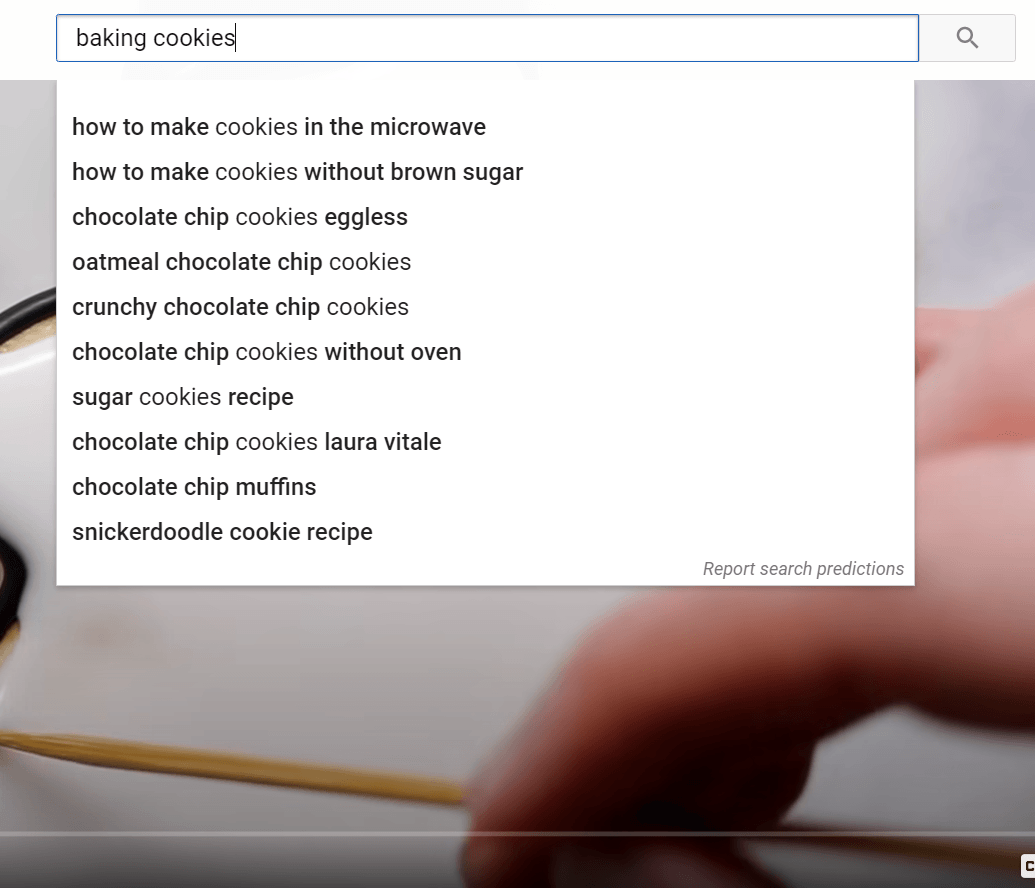 YouTube上“烤饼干”的搜索预测