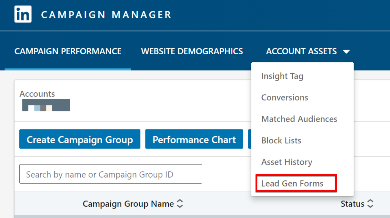 Click lead gen forms in the account assets tab