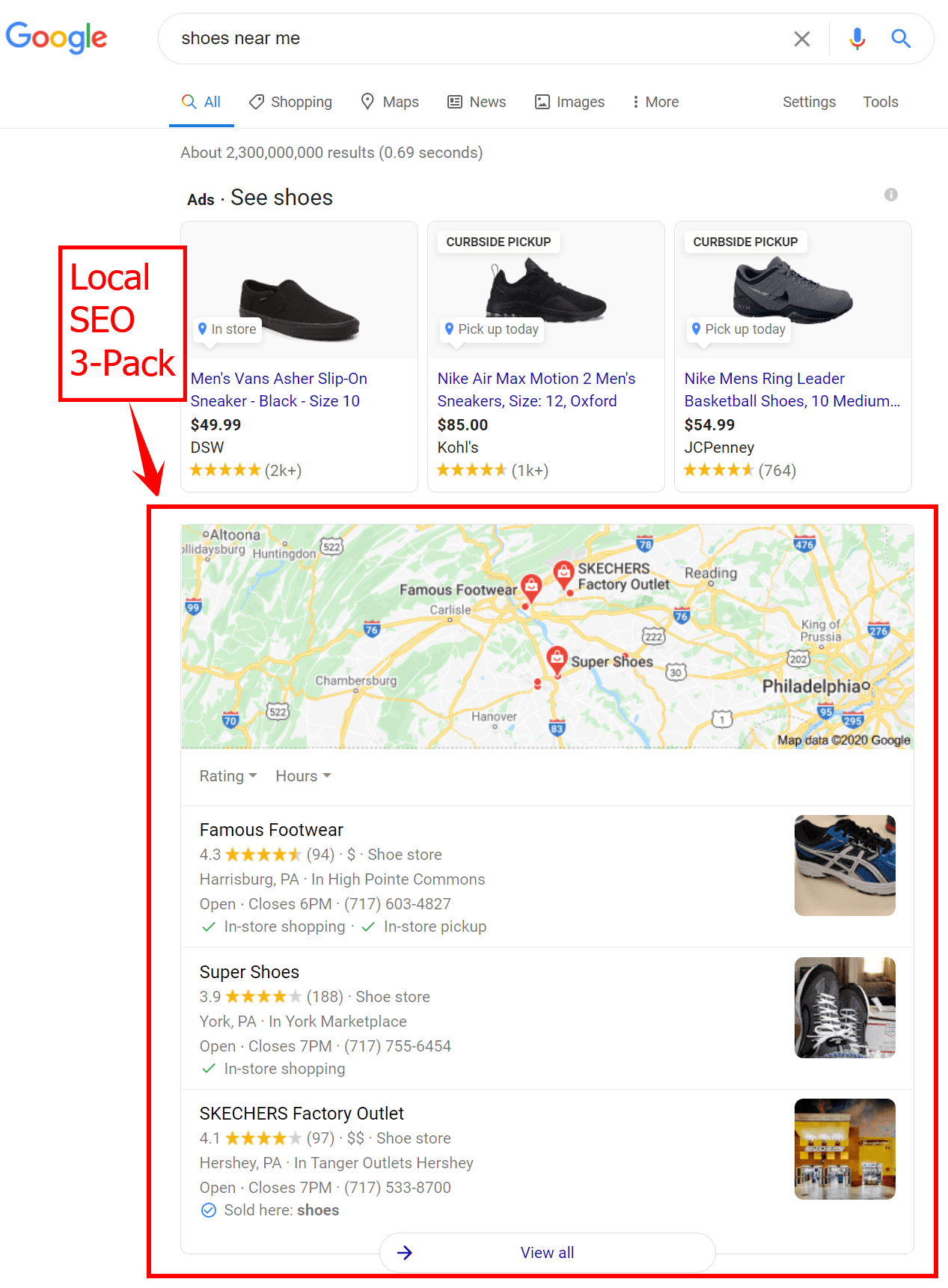 本地SEO 3-pack的谷歌搜索结果“鞋在我附近”