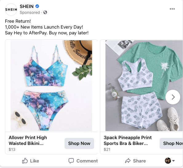 Shein在Facebook上的旋转木马广告主打泳衣